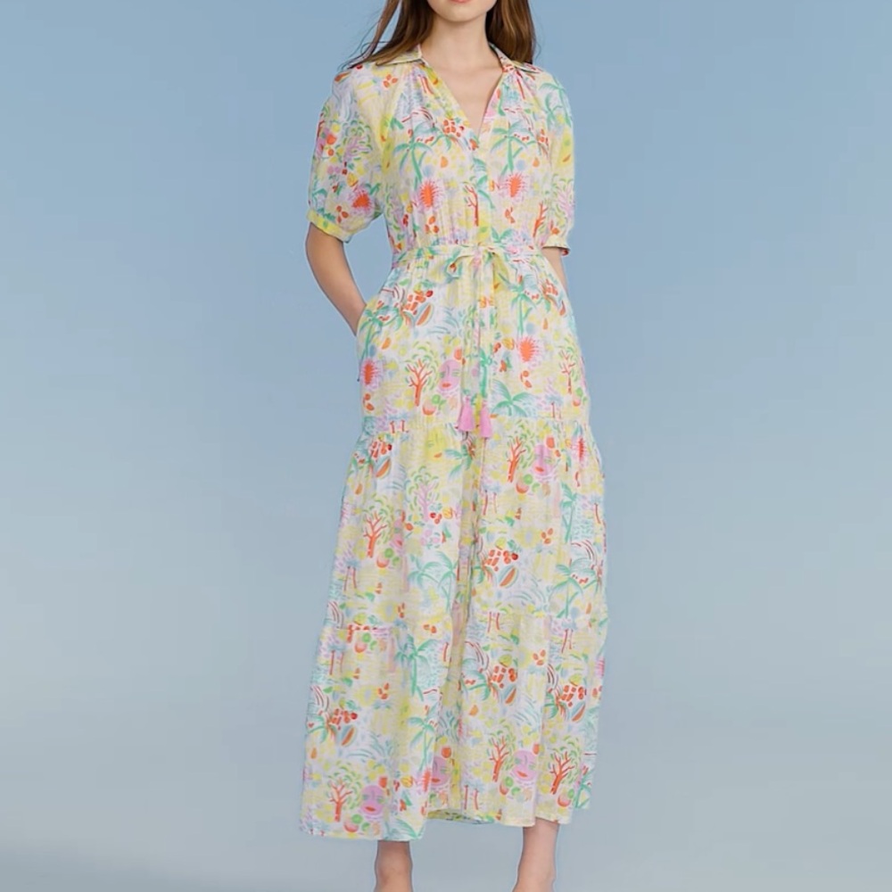 New Roller Rabbit Vacation Short Sleeve Maxi Dress Yellow/Green Size M - Picture 5 of 10